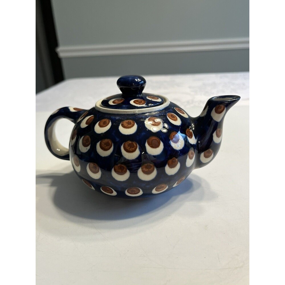 Boleslawiec Small Tea Pot Blue Brown White Polka Dot Teapot Polish Pottery